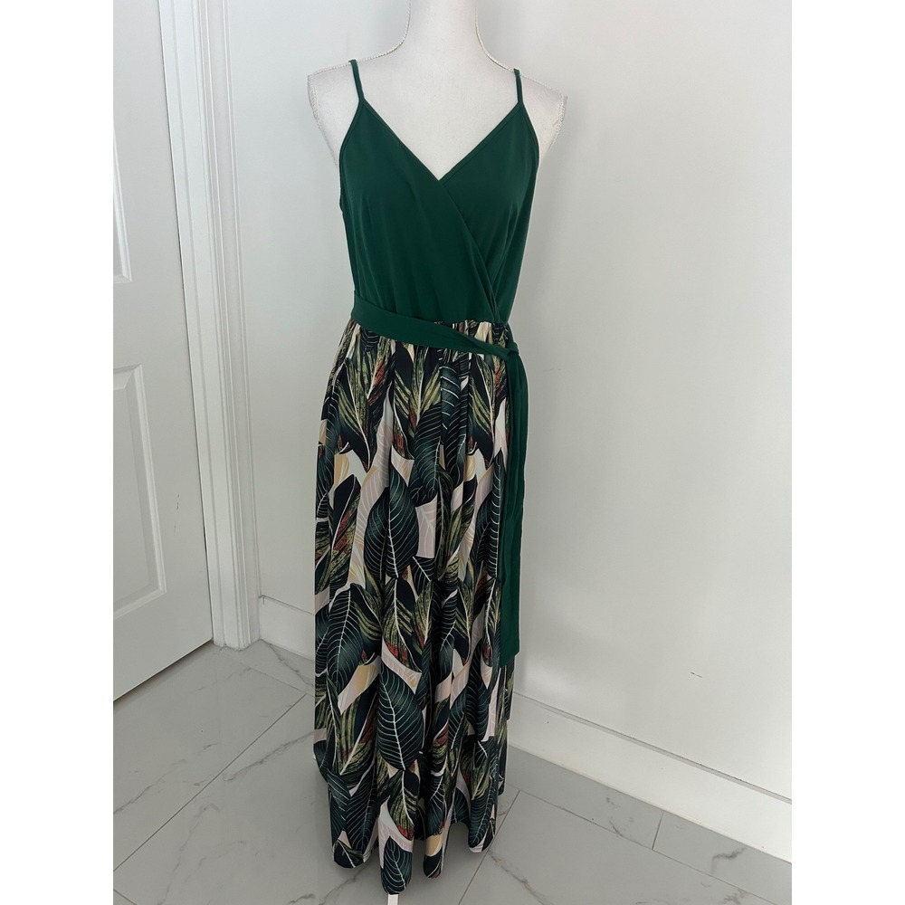Green Tropical Leaf Print Maxi Dress Wrap Bodice Adjustable Straps Size L
